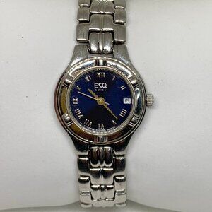 ESQ Swiss women watch 27mm silver tone blue dial date Roman numerals running